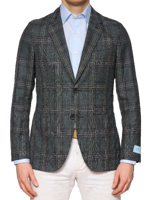 BELVEST Hand Tailored Gray-Green Plaid Wool-Silk-Linen Blazer Jacket NEW Slim Fit Refined Men's European