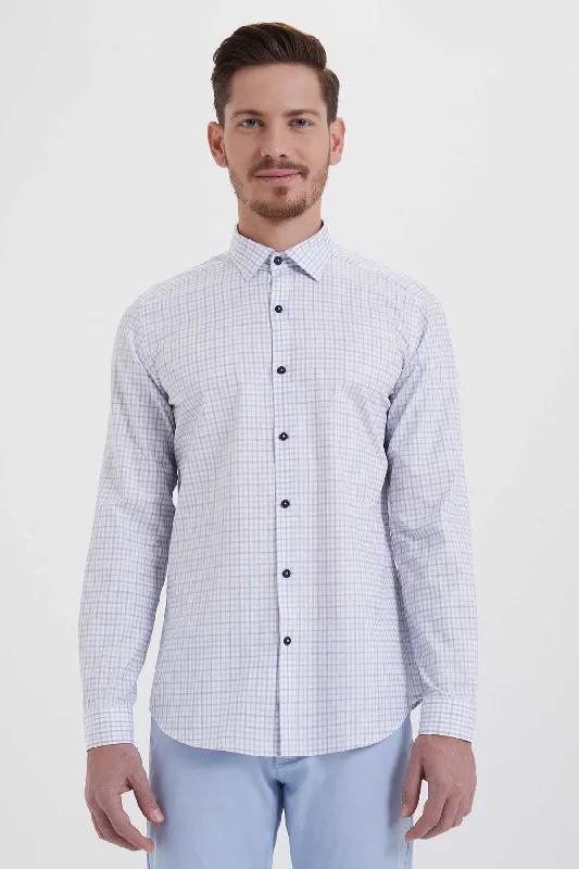 Slim Fit Long Sleeve Plaid Cotton Light Blue Dress Shirt Edgy Men's Punk