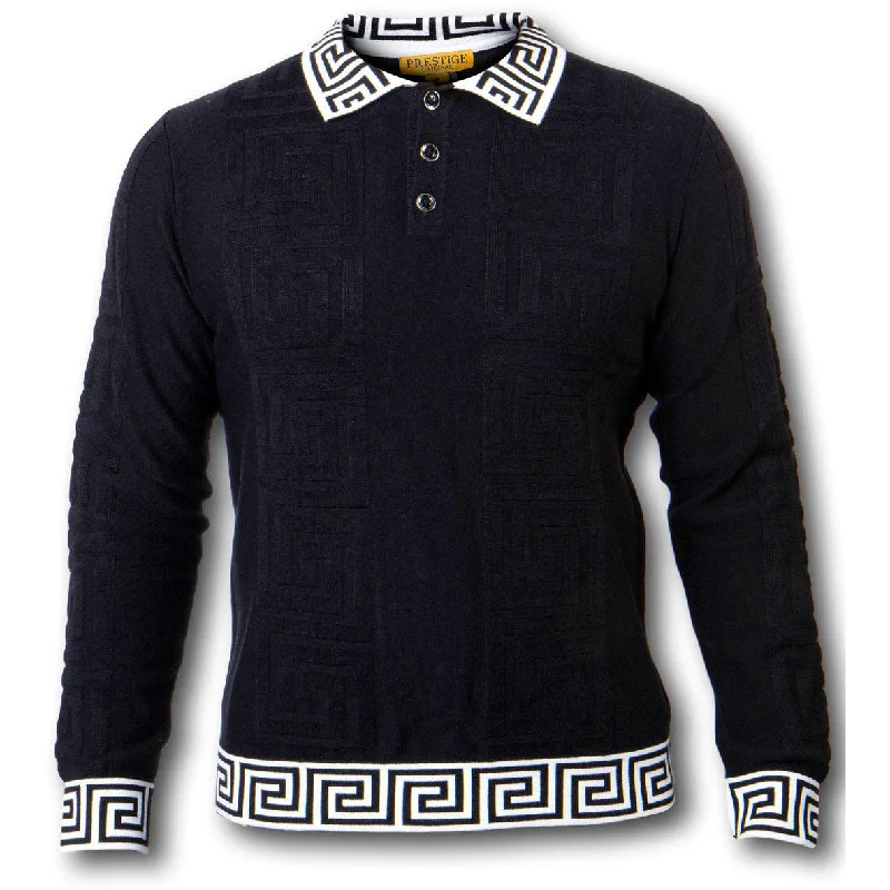 PRESTIGE GREEK KEY BLACK LONG SLEEVE POLO SHIRT Casual Men's Japanese 