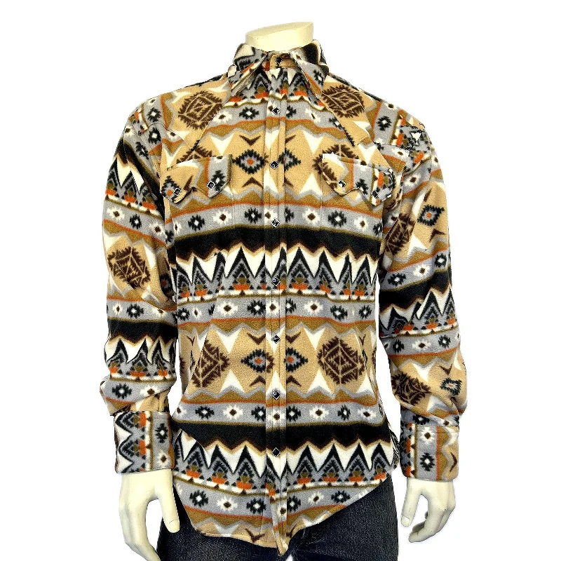 Men's Native Pattern Fleece Western Shirt in Tan & Black Masculine Men's Thick