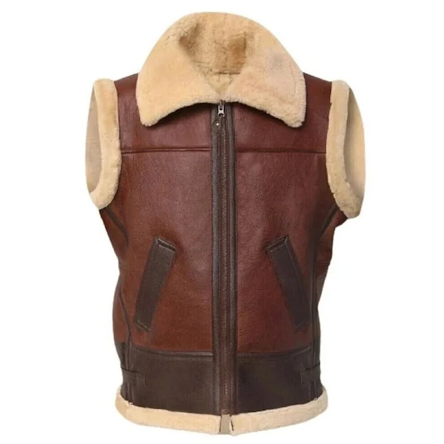 Jackson Men's Lambskin Leather Vest Faux Fur Lined Waistcoat Brown Cozy Men's Sherpa