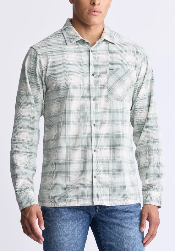 Satro Men's Plaid Button-Up Shirt, Green - BM24498 Modern Men's Geometric