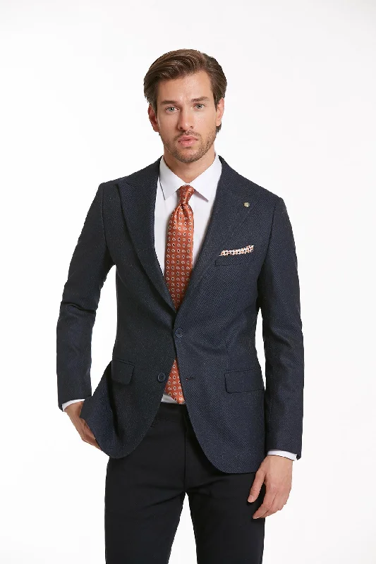 Slim Fit Navy Peak Lapel Casual Blazer Traditional Men's Wool