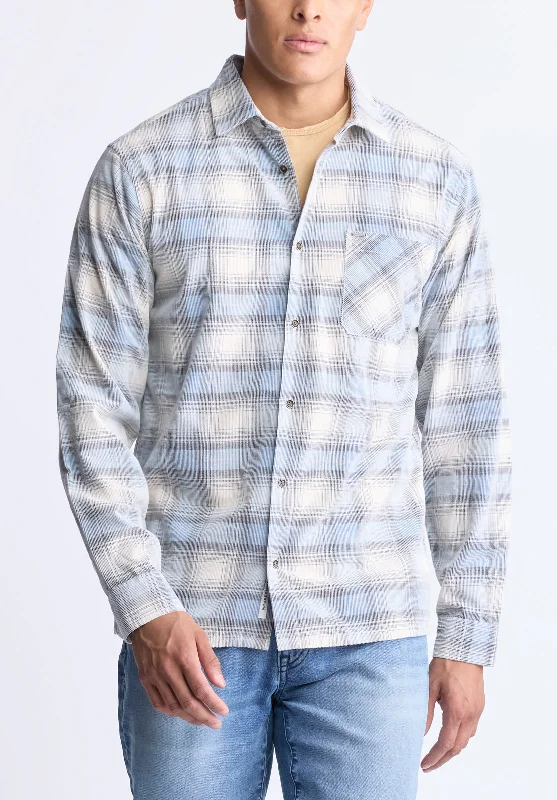 Satro Men's Plaid Button-Up Shirt, Blue - BM24498 Edgy Men's Punk