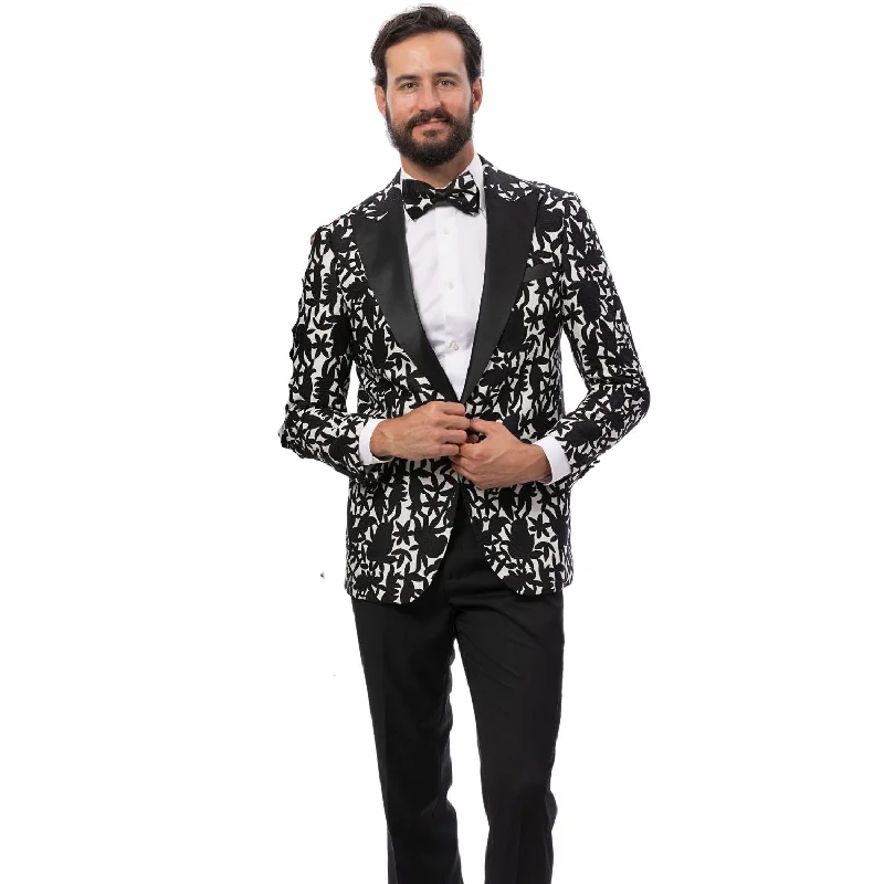 Modern Black and White Floral Print Blazer Cozy Men's Sherpa