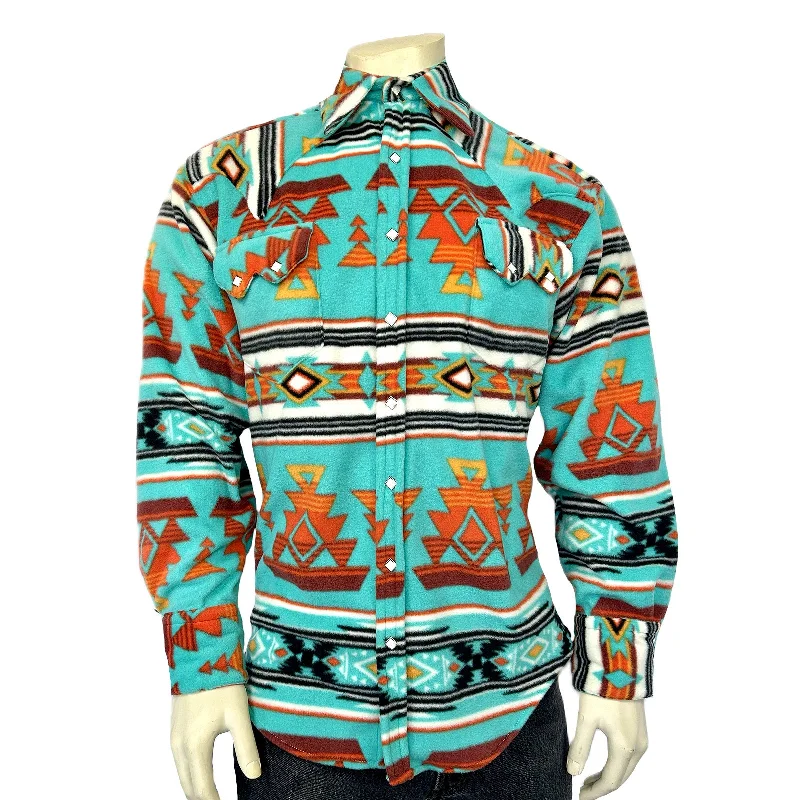 Men's Native Pattern Fleece Western Shirt in Turquoise & Red Organic