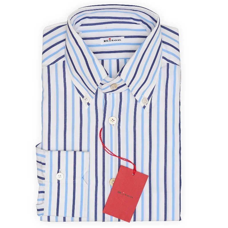 KITON Napoli Handmade Blue Striped Cotton Dress Shirt EU 40 NEW US 15.75 Trendy Men's Oversized