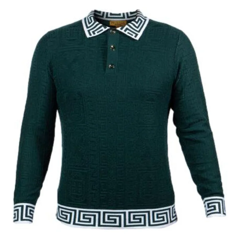 Prestige Green White Greek Key Polo Shirt  SW-345-GRN Unique Men's Upcycled