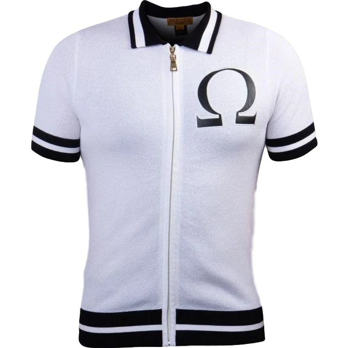 PRESTIGE GREEK OMEGA ZIP-UP WHITE BLACK SHIRT Bold Men's Animal