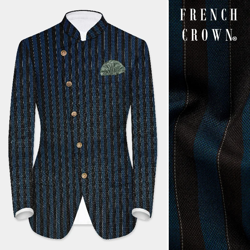 Daintree Blue And Jade Black Striped Wool Blend Cross Placket Bandhgala Blazer Street