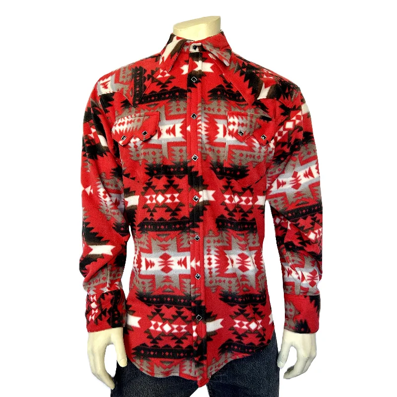 Men's Native Pattern Fleece Western Shirt in Red & Grey Polished Men's Silk