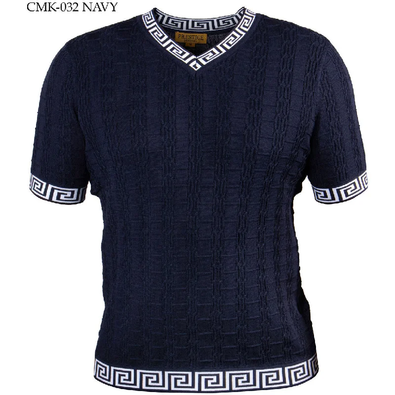 PRESTIGE NAVY WHITE V-NECK GREEK KEY SHIRT Sharp Men's Italian