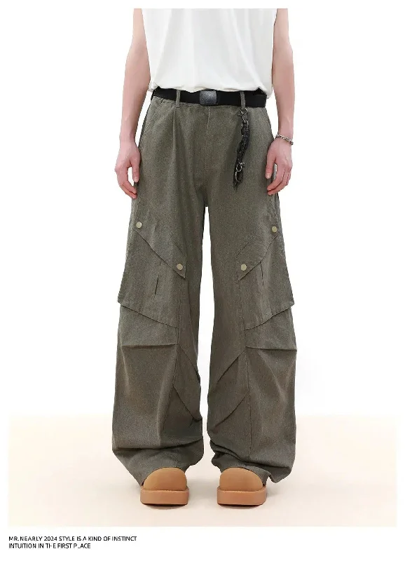 Washed Buttoned Pleats Cargo Pants Elegant Men's Formal 