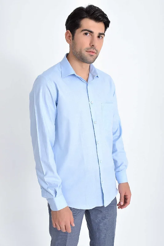 Classic Fit Long Sleeve Plain Cotton Blue Dress Shirt Preppy Men's College