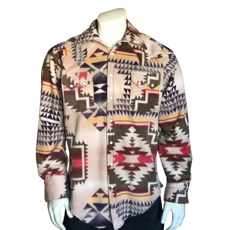 Men's Native Pattern Fleece Western Shirt in Tan Cool Men's Distressed