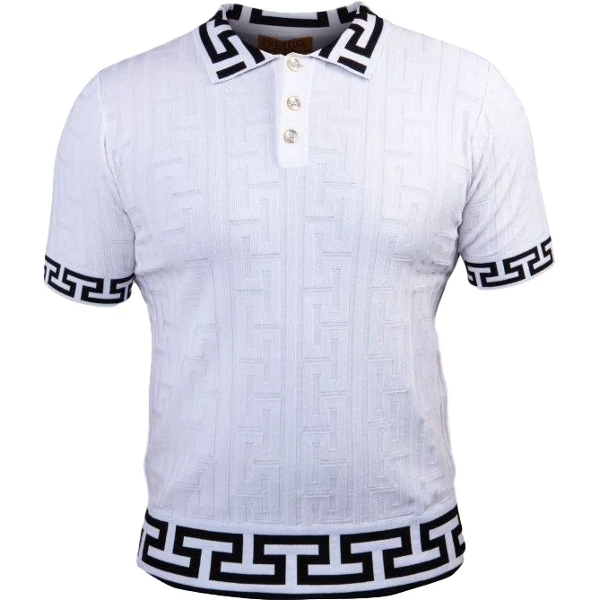 PRESTIGE GREEK KEY WHITE BLACK POLO SHIRT Polished Men's Satin