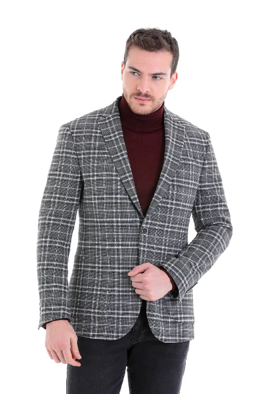 Comfort Fit Notch Lapel Gray Plaid Classic Blazer Organic