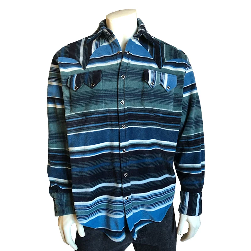 Men's Serape Pattern Fleece Western Shirt in Blue & Navy Sleek Men's Contemporary 