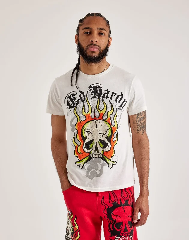 Ed Hardy Flame Skull Rhinestone Tee Luxurious Men's High