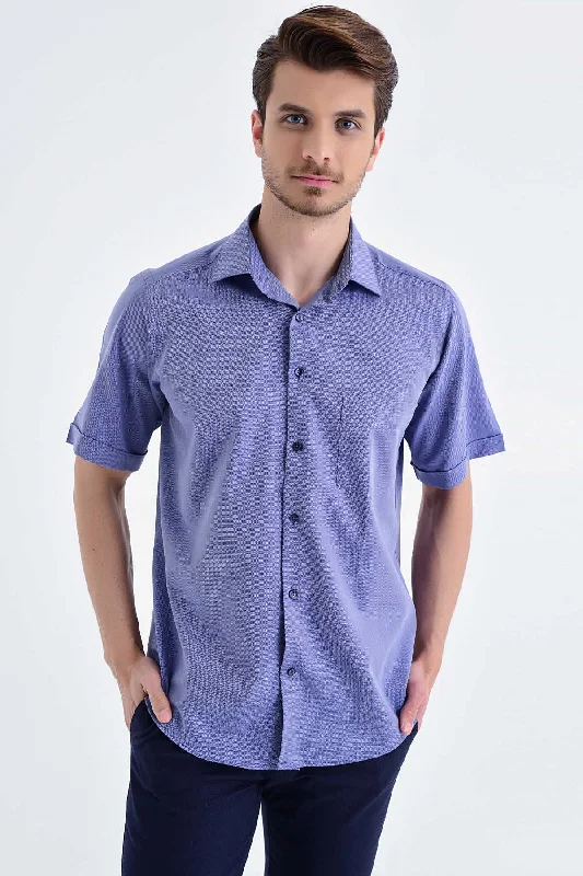 Classic Fit Short Sleeve Cotton Blue Dress Shirt Masculine Men's 