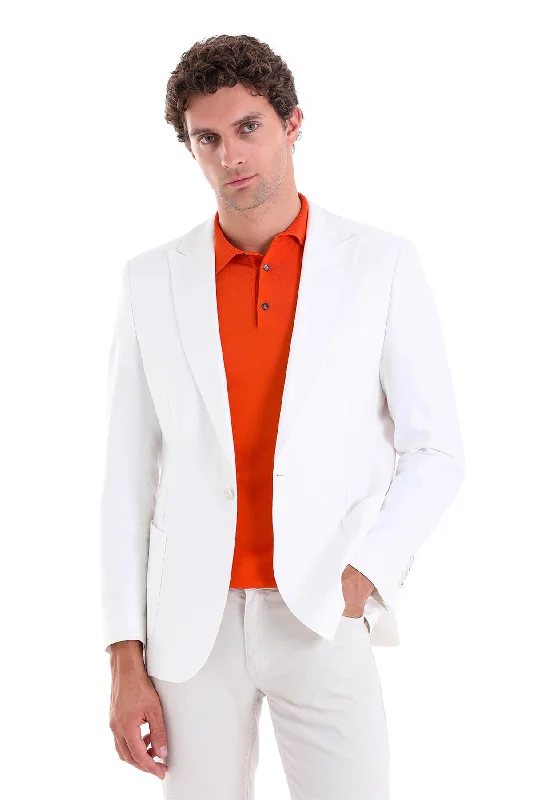 Comfort Fit Notch Lapel White Linen Casual Blazer Sporty Men's Athleisure 