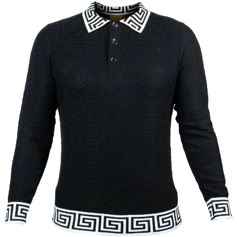 Prestige Black White Greek Keys Polo Shirt Unique Men's Patch