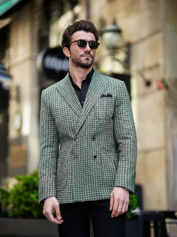 Green Houndstooth Double Breasted Blazer Sharp Men's Italian