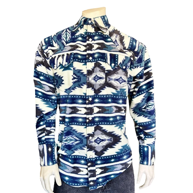 Men's Native Pattern Fleece Western Shirt in Blue & Navy Elegant Men's Cashmere