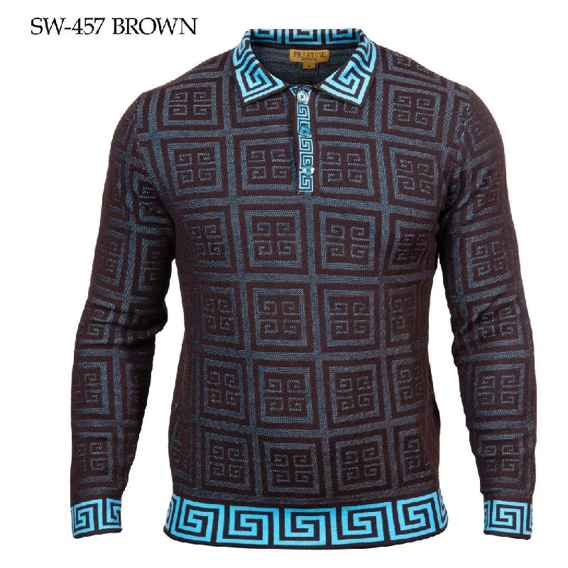 Prestige Brown Blue Greek Key Polo Sweater SW-457 Athletic Men's High