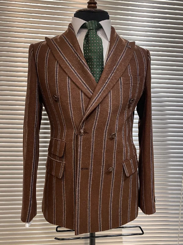 Brown Striped Woolen Double Breasted Blazer Masculine Men's 