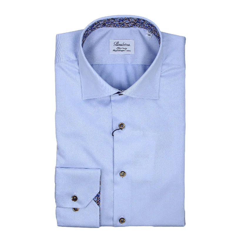 Blue Twill Fitted Body Shirt w/ Floral Contrast Trims - Stenströms Refined Men's Hand