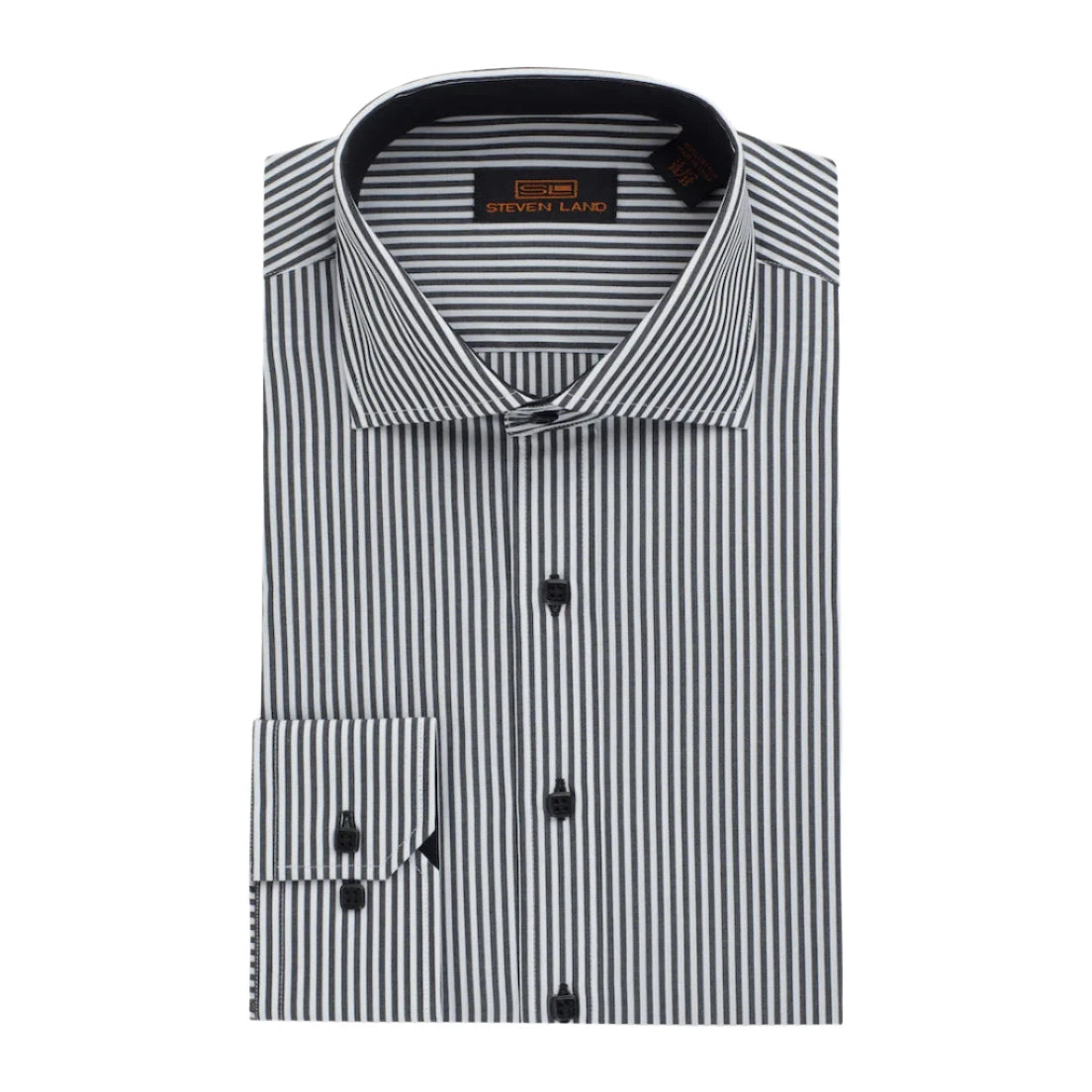 The "Earl" Striped Dress Shirt by Steven Land | Barrel Cuff & Spread Collar | Black Pinstripe Polished Men's Satin