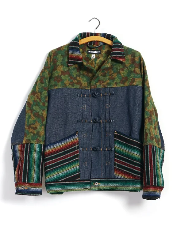 TRIPLE FABRIC JACKET | Asian Knot Denim Jacket | Jacquard Camo/Wool Flannel Sarape/Indigo Denim Stylish Men's Tropical 