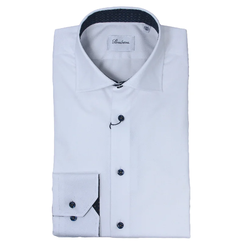 White Twill Slimline Shirt w/ Navy Floral Contrast - Stenströms Relaxed Men's Australian 