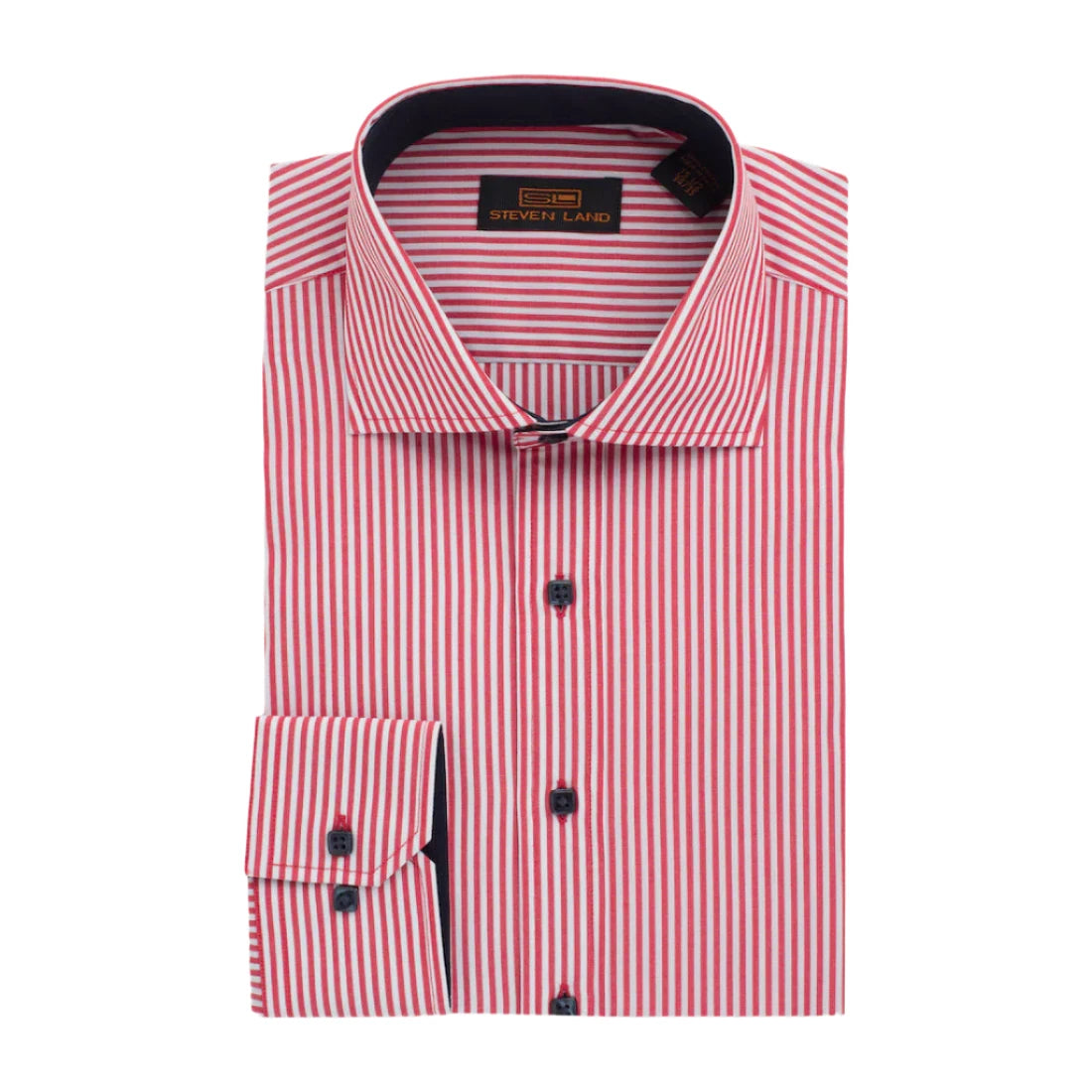 The "Earl" Striped Dress Shirt by Steven Land | Barrel Cuff & Spread Collar | Red Stripe Practical Men's Quick