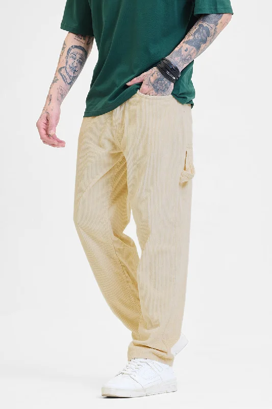 Cream Corduroy Relaxed Fit Cargo Pants Trendy Men's Scandinavian