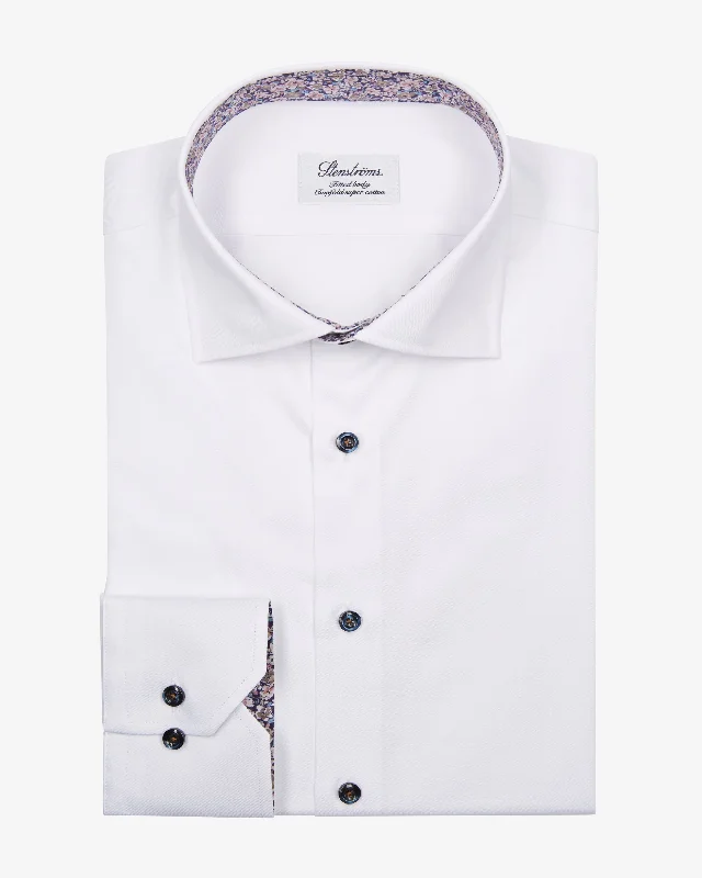 White Twill Fitted Body Shirt w/ Floral Contrast Trims - Stenströms Relaxed Men's Beach