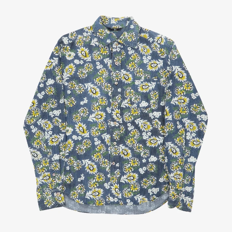 Flower Print Denim Shirt Sophisticated Men's 