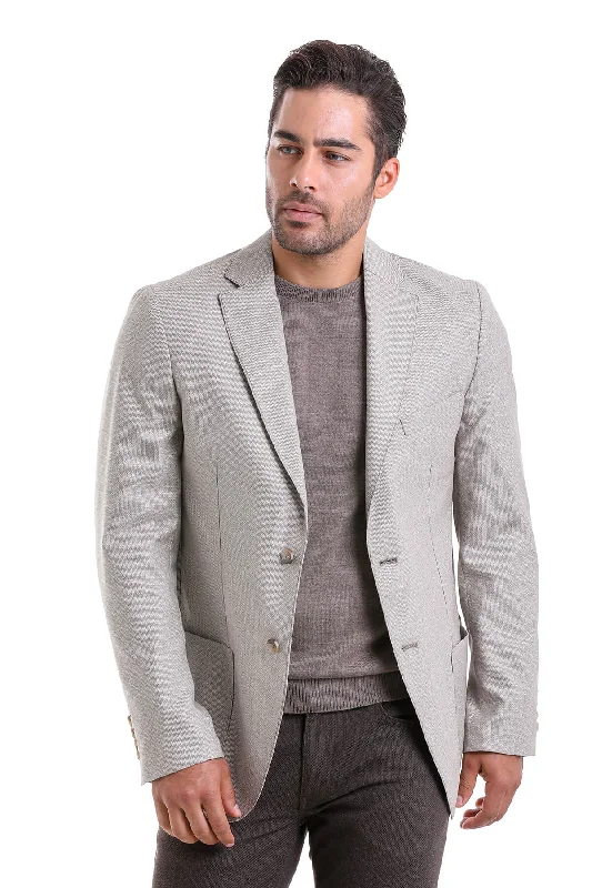 Slim Fit Notch Lapel Patterned Beige Casual Blazer Earthy Men's Sustainable 