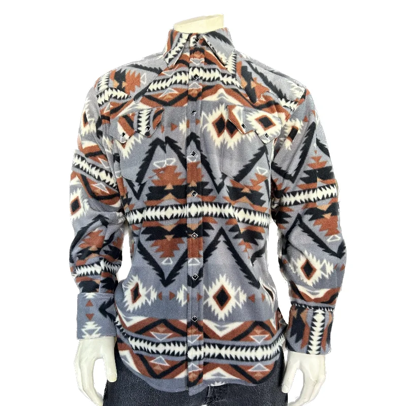 Men's Native Pattern Fleece Western Shirt in Grey & Brown Preppy Men's College