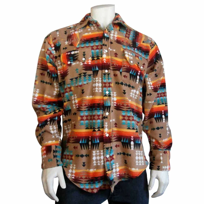 Men's Native Pattern Fleece Western Shirt in Camel & Red Luxurious Men's High