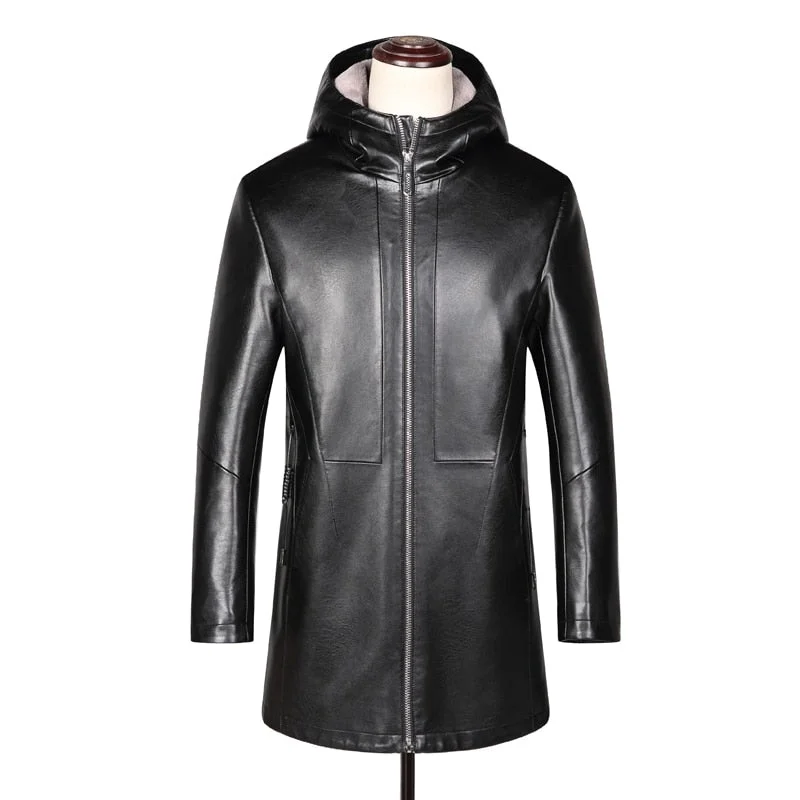 Sewn Mens Fur Lined 3/4 Length Hooded Leather Coat Casual Men's Loose