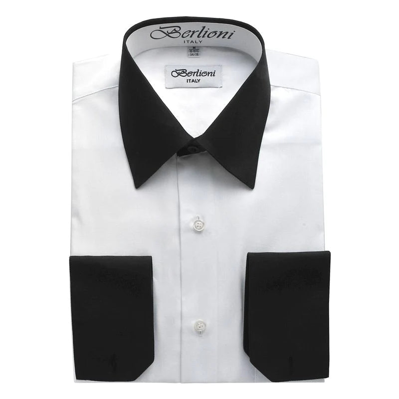 Berlioni Italy White 2 Tone Black Collar &  French Cuff Dress Shirt - 150A-WHITE Youthful Men's Anime