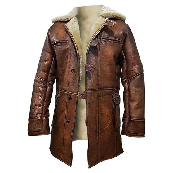 Liam Men's Classic Leather Faux Fur Lined Trench Coat Brown Vintage Men's 1970S Disco