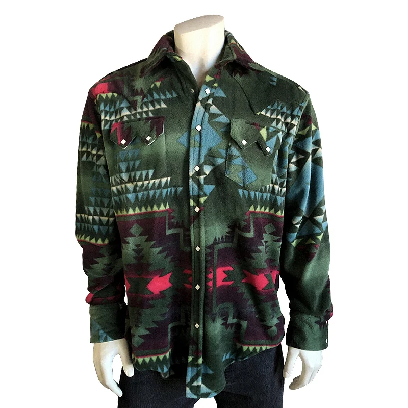 Men's Native Pattern Fleece Western Shirt in Green & Black Bold Men's Statement