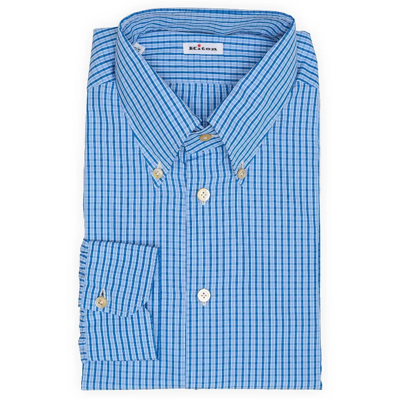 KITON Napoli Handmade Blue Plaid Poplin Cotton Dress Shirt EU 45 NEW US 18 Casual Men's Japanese 