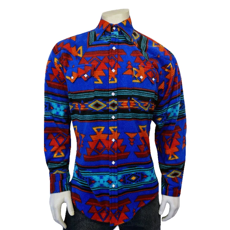 Men's Native Pattern Fleece Western Shirt in Blue & Red Bohemian Men's Free