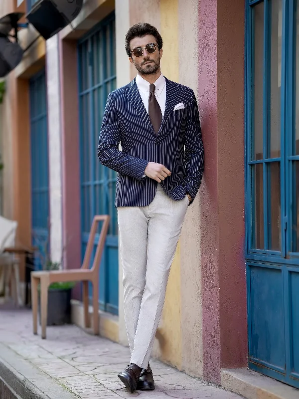 Navy Striped Single Breasted Blazer Organic