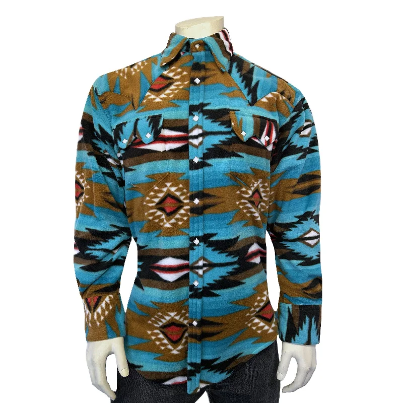 Men's Native Pattern Fleece Western Shirt in Turquoise & Brown Tailored