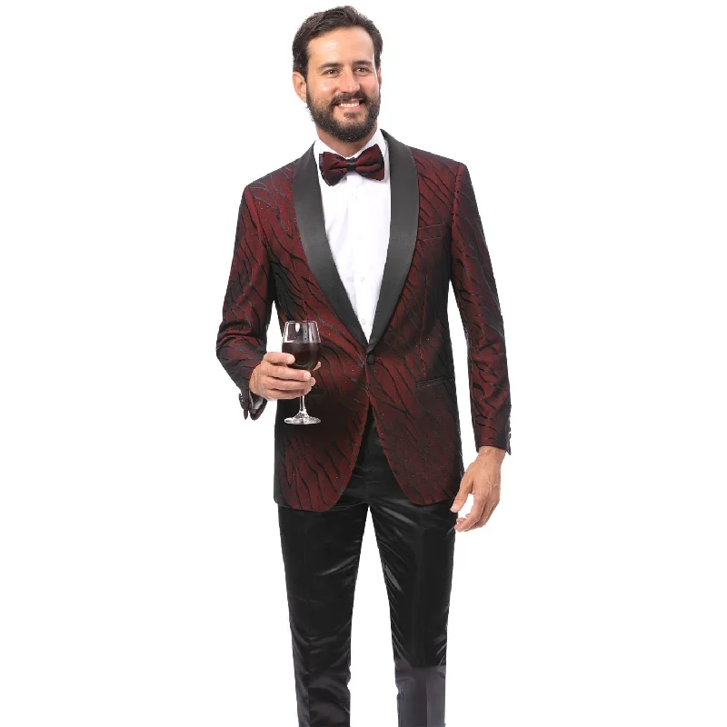 Elite Evening Collection: Men's Red Textured Blazer with Black Satin Lapel Hip Men's Retro